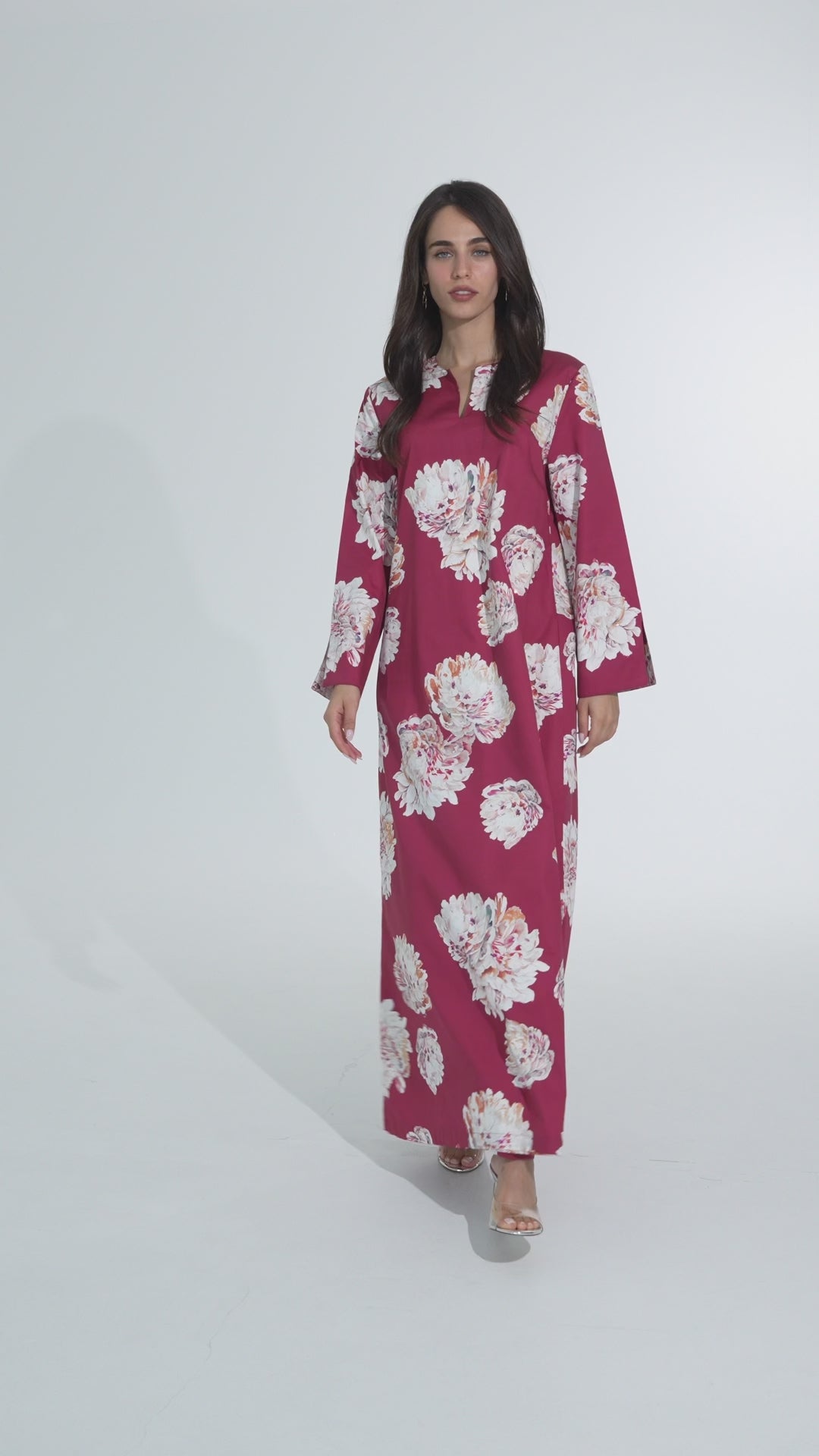 Garnet with White Floral Italian Cotton Caftan - House of Caftan