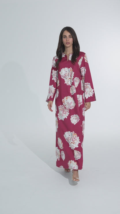 Garnet with White Floral Italian Cotton Caftan - House of Caftan