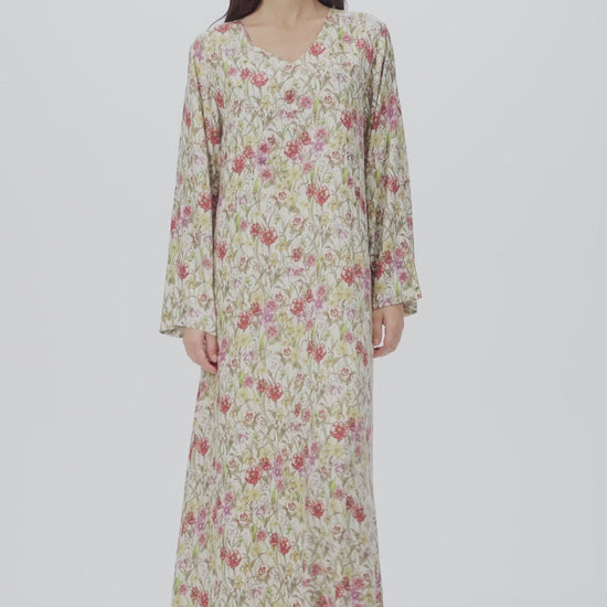 Ivory Garden Italian Satin Caftan with Floral Embroidery