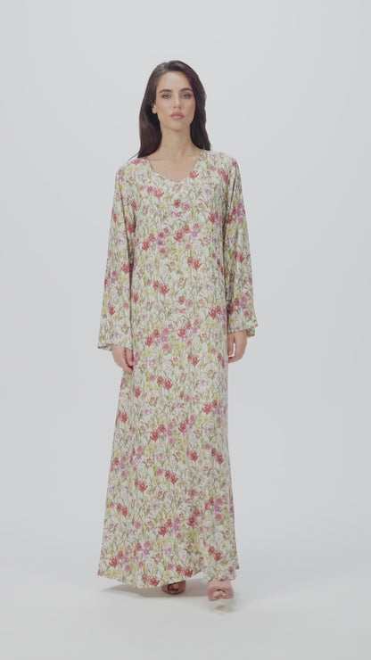 Ivory Garden Italian Satin Caftan with Floral Embroidery