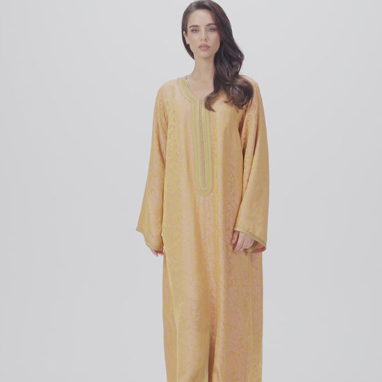 Golden Peach Italian Jacquard Caftan with Handcrafted Moroccan Embroidery