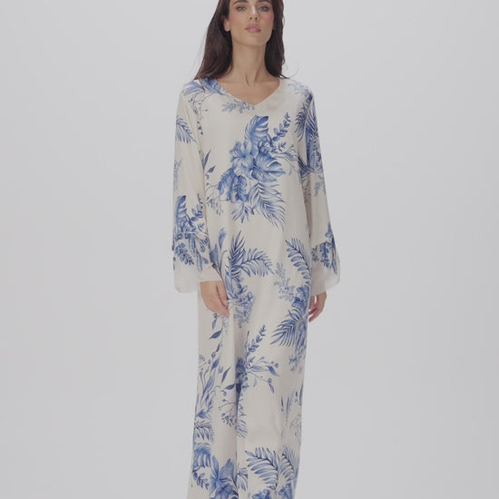 Azure Botanica Italian Viscose Satin Caftan with 3D Embroidery