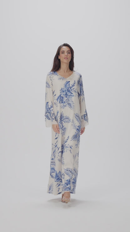 Azure Botanica Italian Viscose Satin Caftan with 3D Embroidery