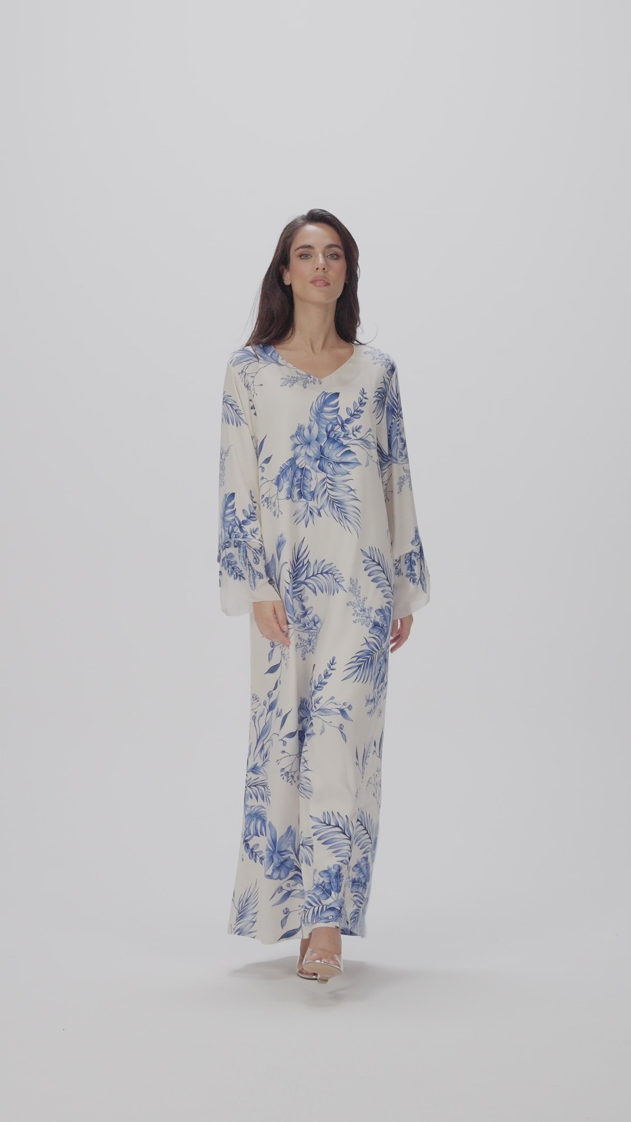 Azure Botanica Italian Viscose Satin Caftan with 3D Embroidery