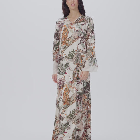 Autumn Ornament Italian Viscose Satin Caftan with 3D Embroidery