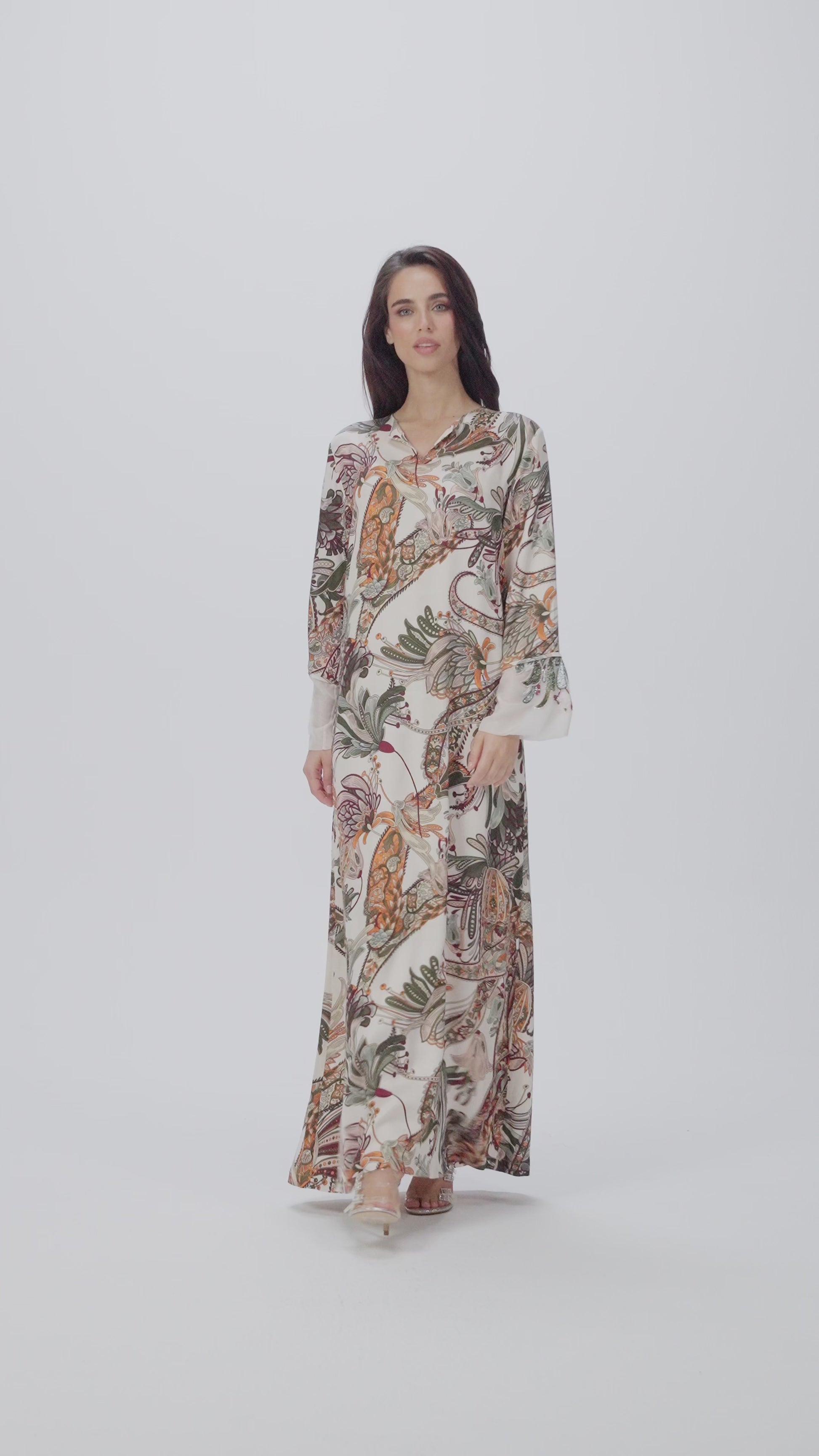 Autumn Ornament Italian Viscose Satin Caftan with 3D Embroidery