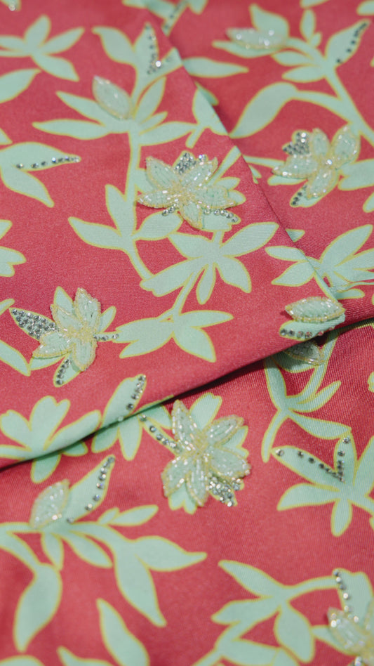 Italian Floral 3D Embroidered Red Garden Twill Caftan