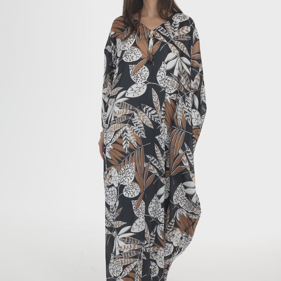 Black Tribal Motif Italian Silk Cotton Caftan - House of Caftan