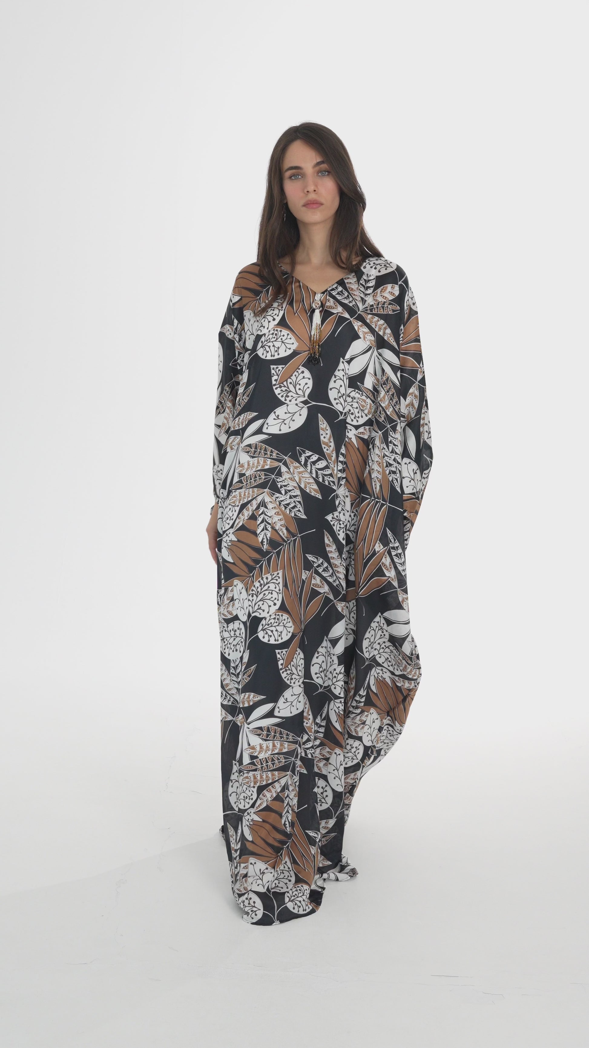 Black Tribal Motif Italian Silk Cotton Caftan - House of Caftan