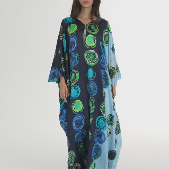 Navy and Aquamarine Block Italian Silk Cotton Caftan - House of Caftan