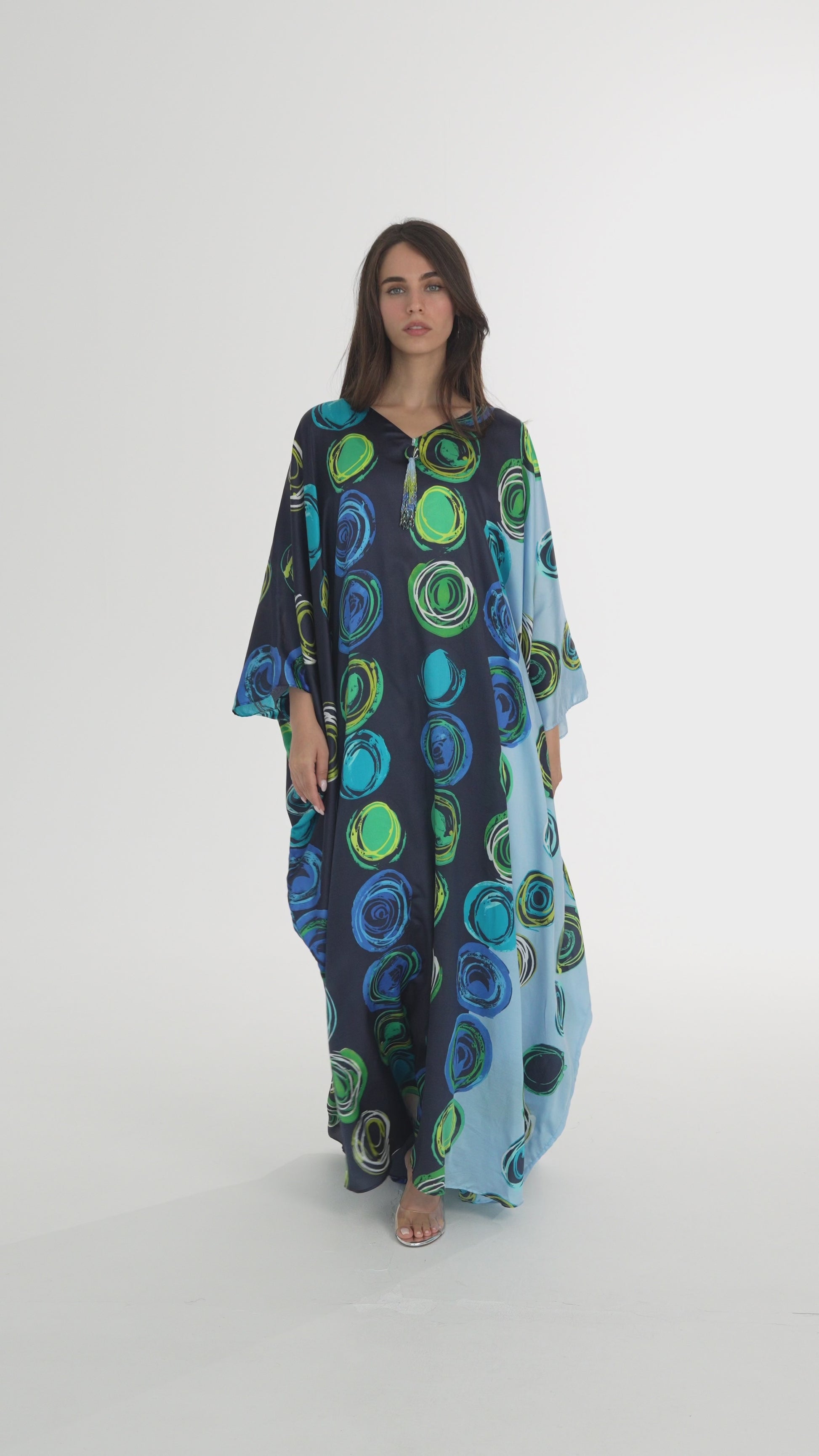 Navy and Aquamarine Block Italian Silk Cotton Caftan - House of Caftan
