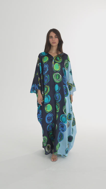 Navy and Aquamarine Block Italian Silk Cotton Caftan - House of Caftan