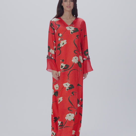 Rouge Jardin Italian Viscose Satin Caftan with 3D Floral Embroidery