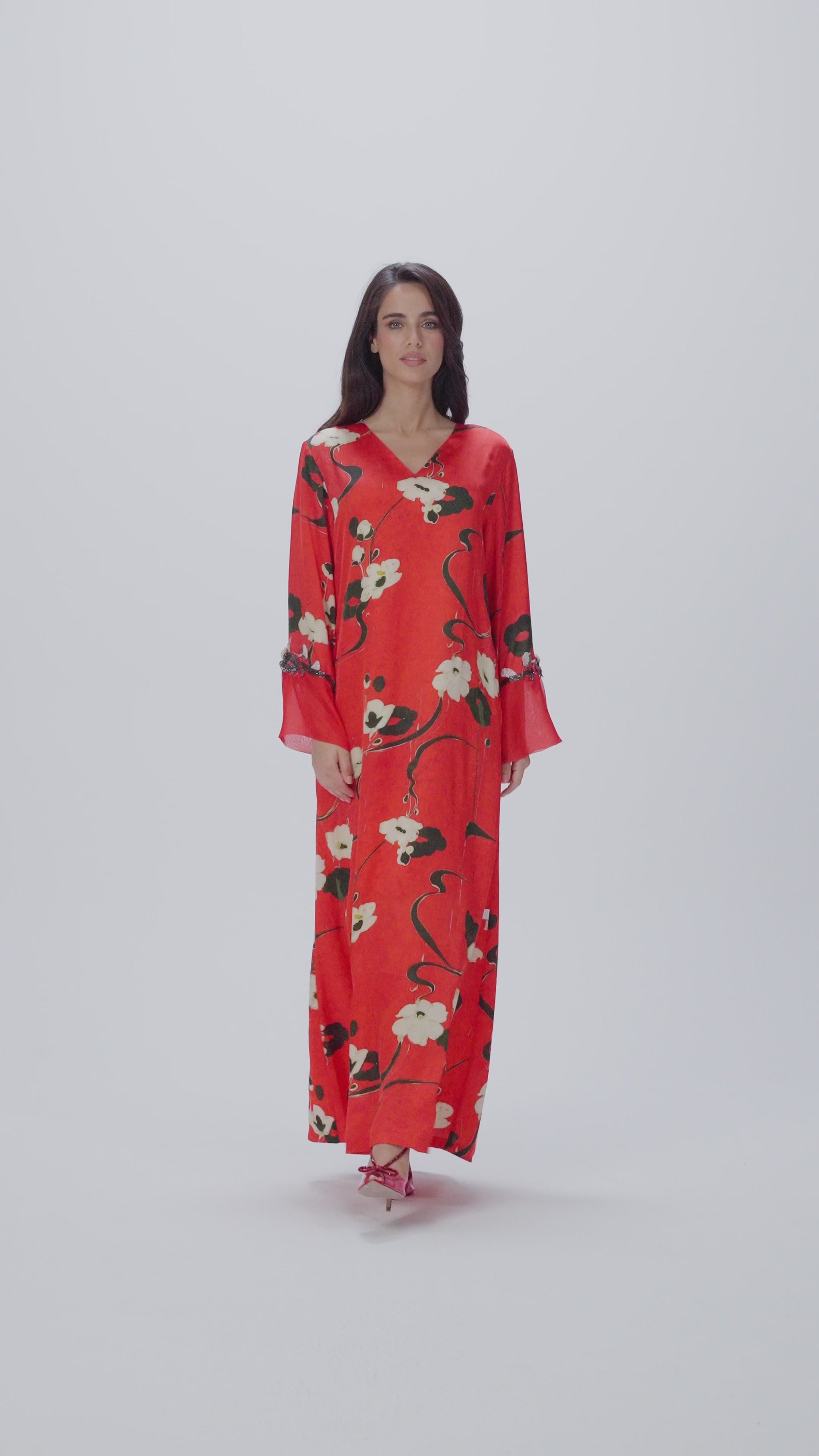 Rouge Jardin Italian Viscose Satin Caftan with 3D Floral Embroidery