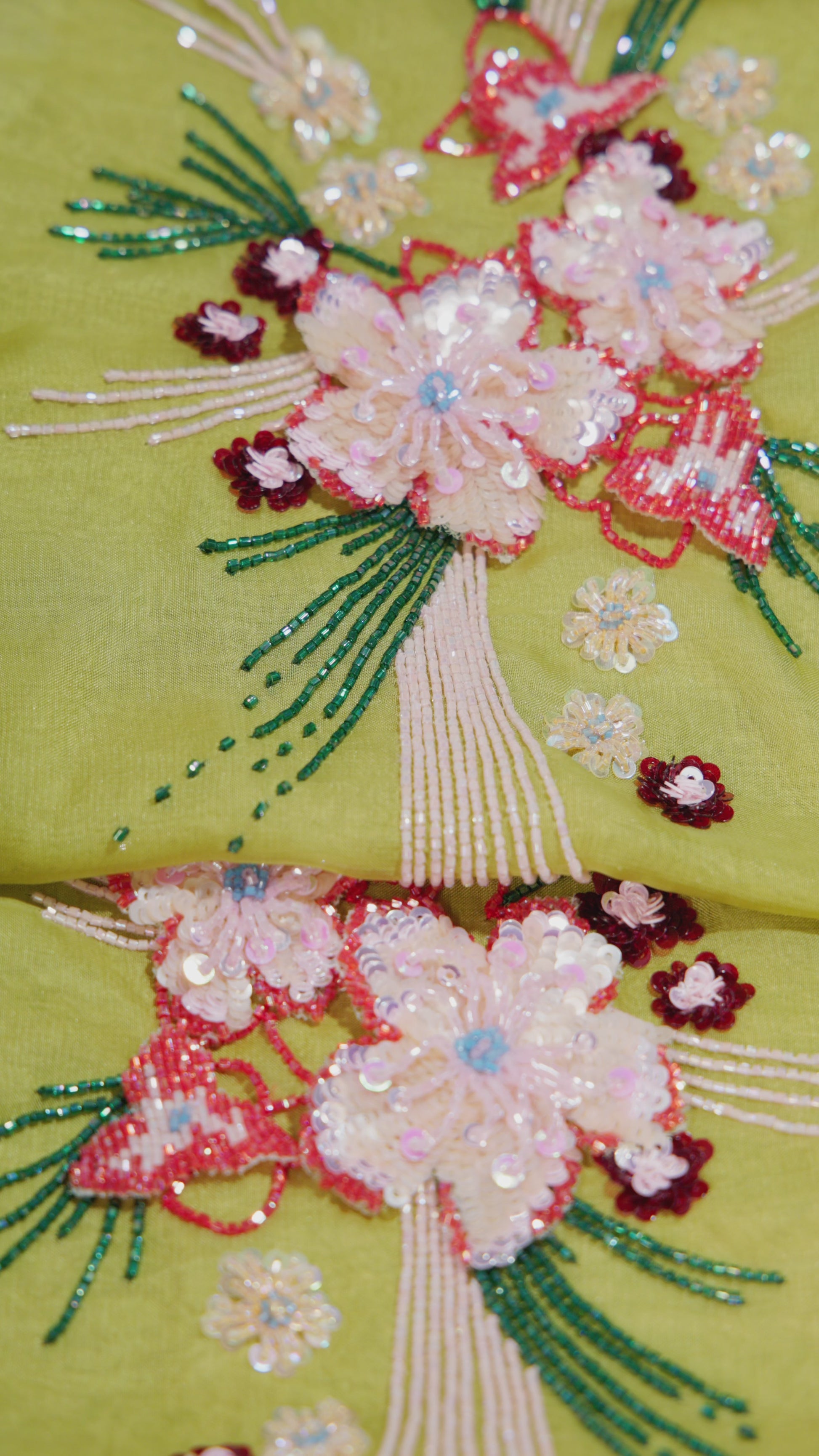 Olive Bloom Italian Viscose Satin Caftan with 3D Hand Embroidered Cuffs – Handmade Limited Edition