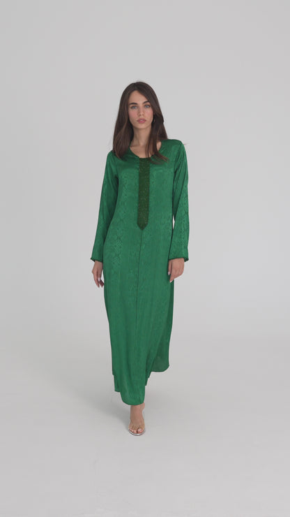 Emerald Green Handmade Caftan with Emerald Green Beads - House of Caftan
