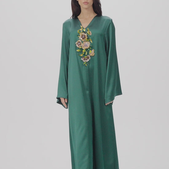 Forest Green Italian silk Caftan with 3D Floral Hand Embroidery