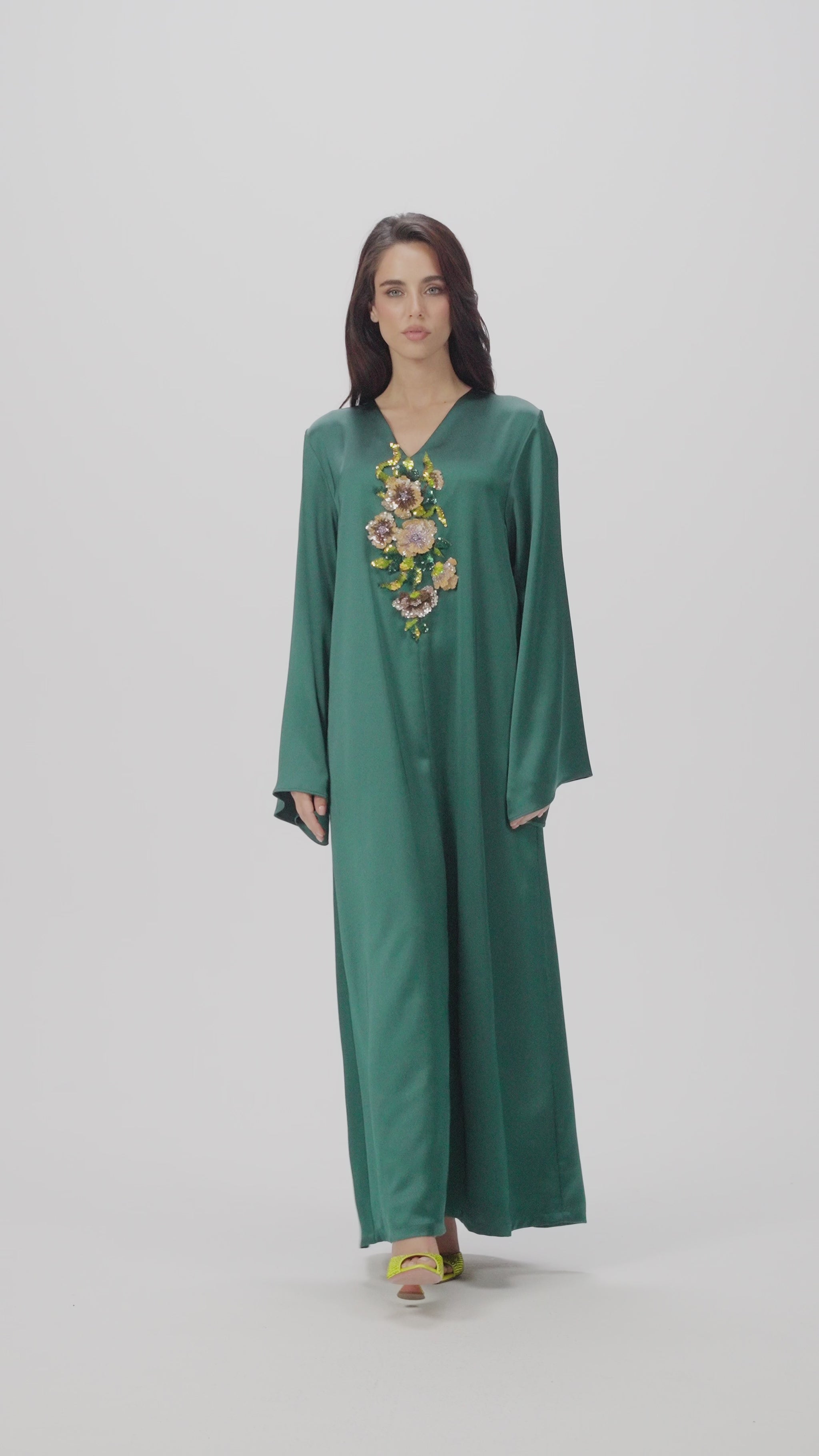 Forest Green Italian silk Caftan with 3D Floral Hand Embroidery