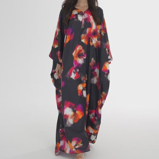 Black Floral Italian Silk Cotton Caftan - House of Caftan