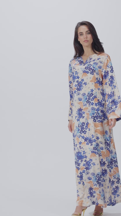 Mediterranean Bloom Italian Satin Caftan with Hand Beading