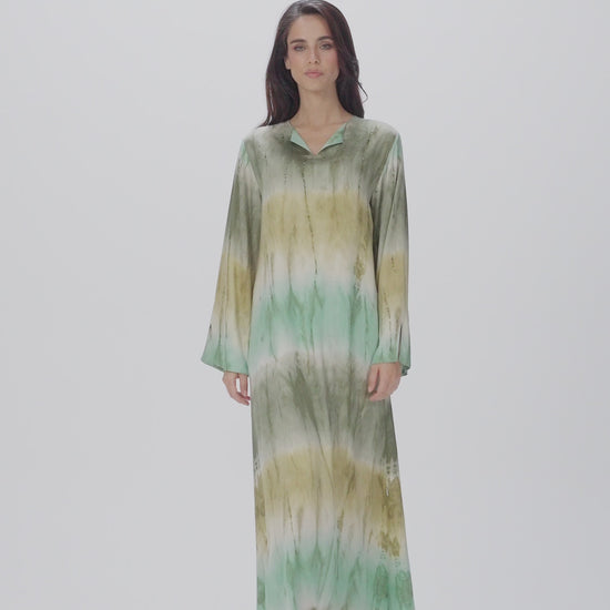 Marble Green Italian Viscose Satin Caftan with Hand Beading