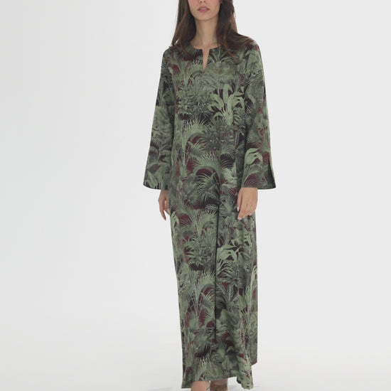Forest Green with Palm Print Caftan - House of Caftan