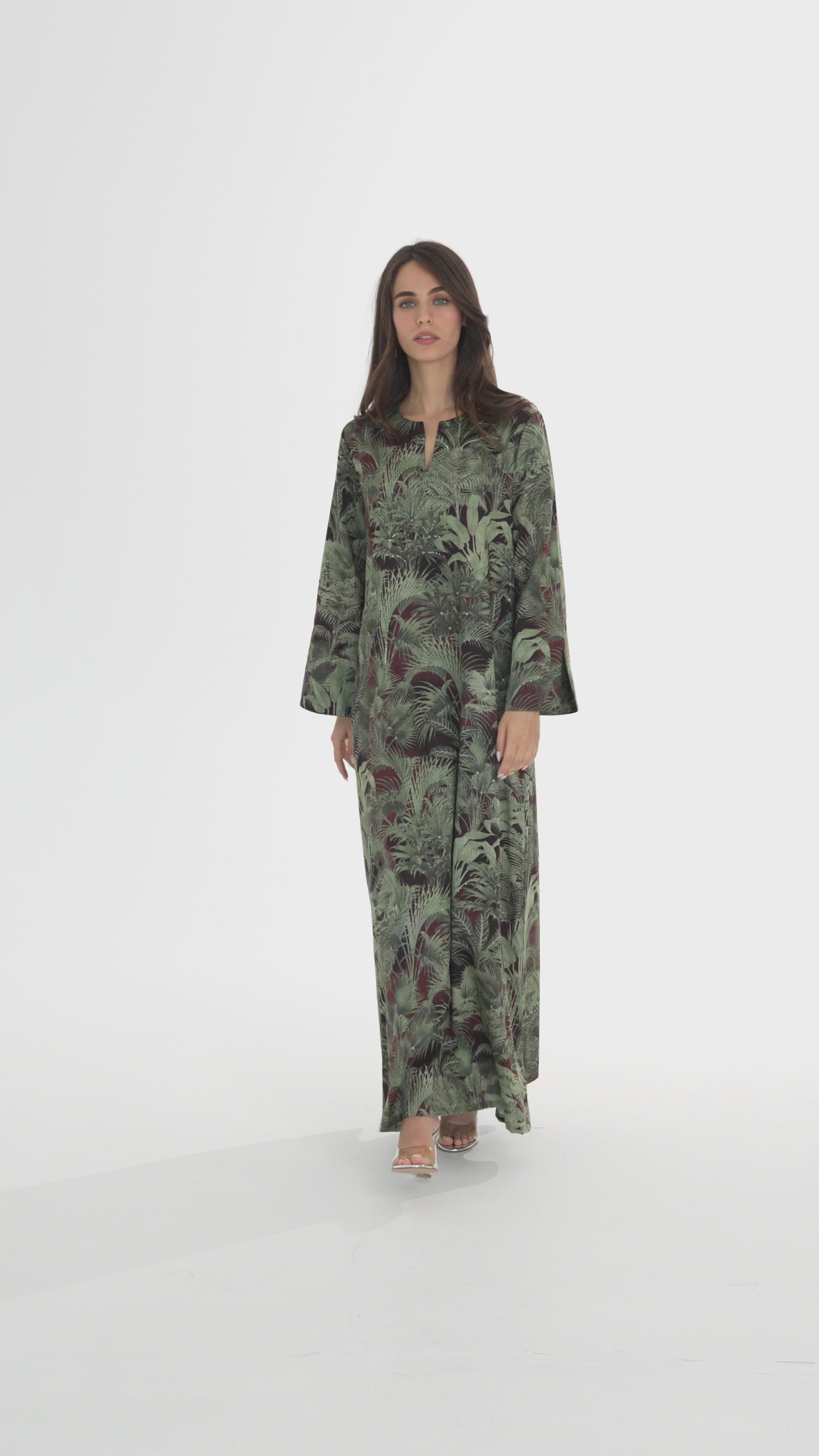 Forest Green with Palm Print Caftan - House of Caftan
