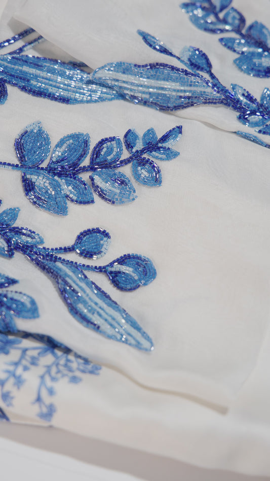 Azure Botanica Italian Viscose Satin Caftan with 3D Embroidery - Handmade Limited Edition