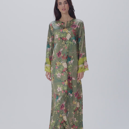 Olive Bloom Italian Viscose Satin Caftan with 3D Hand Embroidered Cuffs 