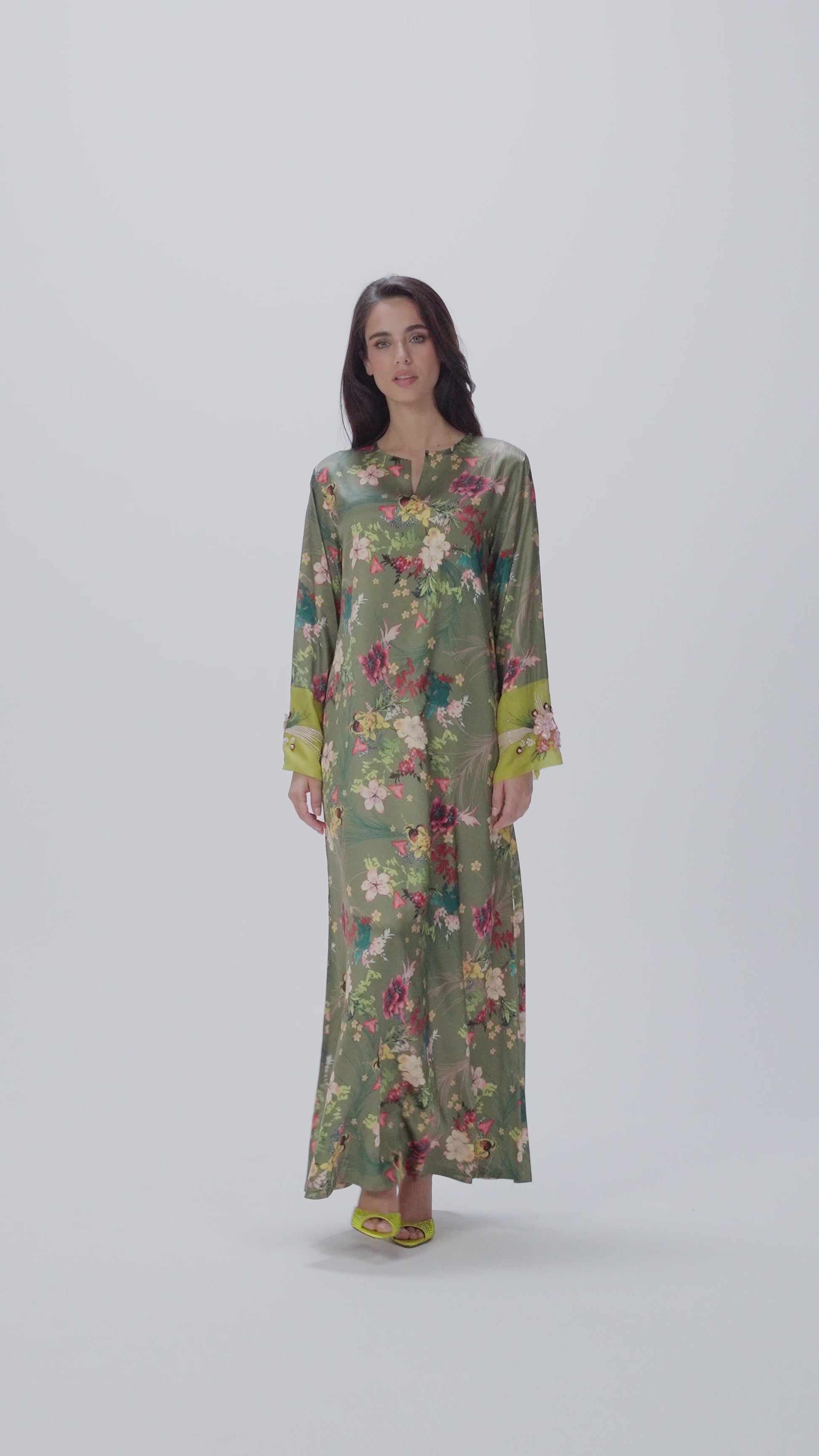 Olive Bloom Italian Viscose Satin Caftan with 3D Hand Embroidered Cuffs 