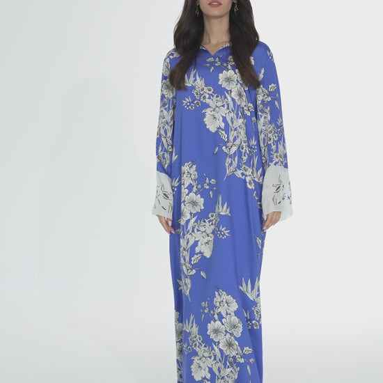 Blue Floral Print Italian Viscose Caftan - House of Caftan