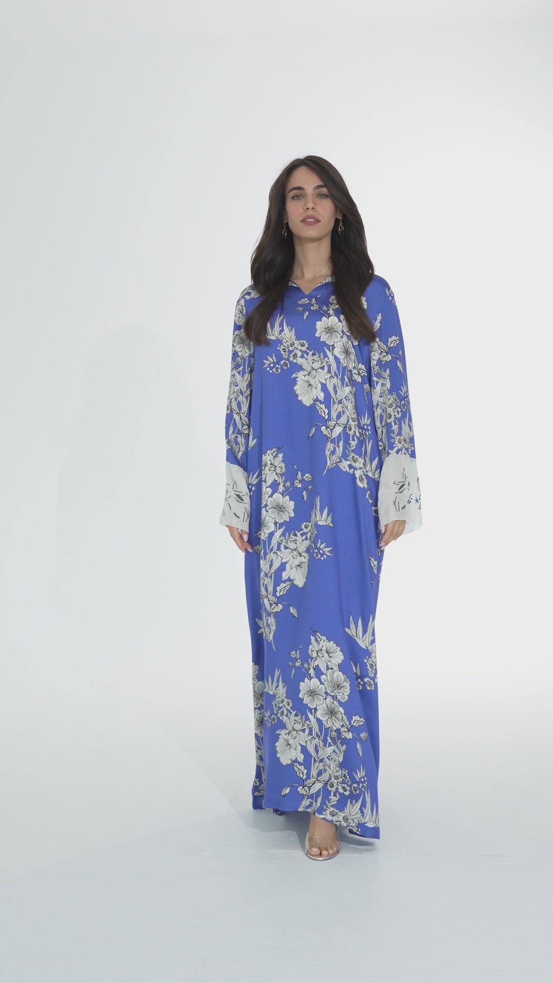 Blue Floral Print Italian Viscose Caftan - House of Caftan