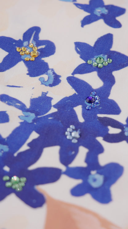 Mediterranean Bloom Italian Viscose Satin Caftan with European hotfix - Handmade Limited Edition