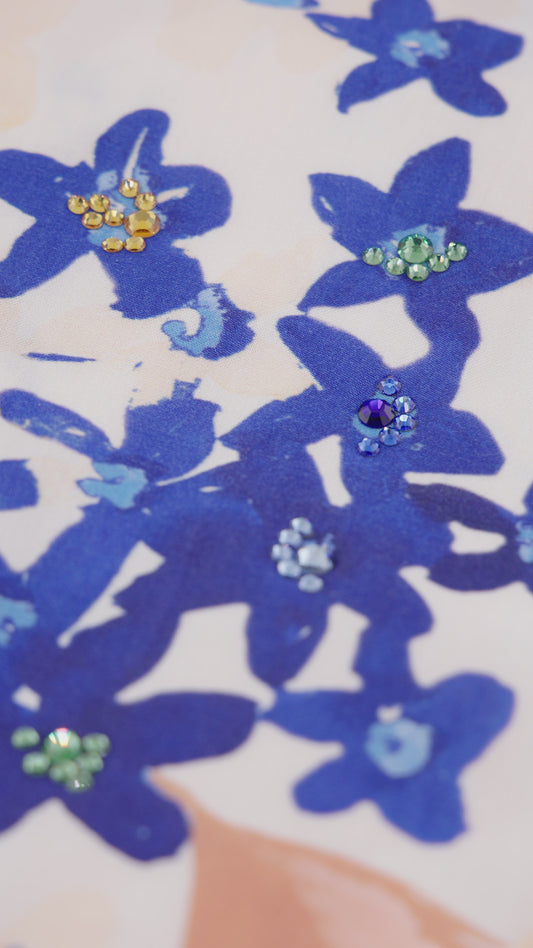 Mediterranean Bloom Italian Viscose Satin Caftan with European hotfix - Handmade Limited Edition