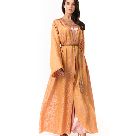 Golden Rose Jacquard Two-Piece Caftan with Satin Inner Dress