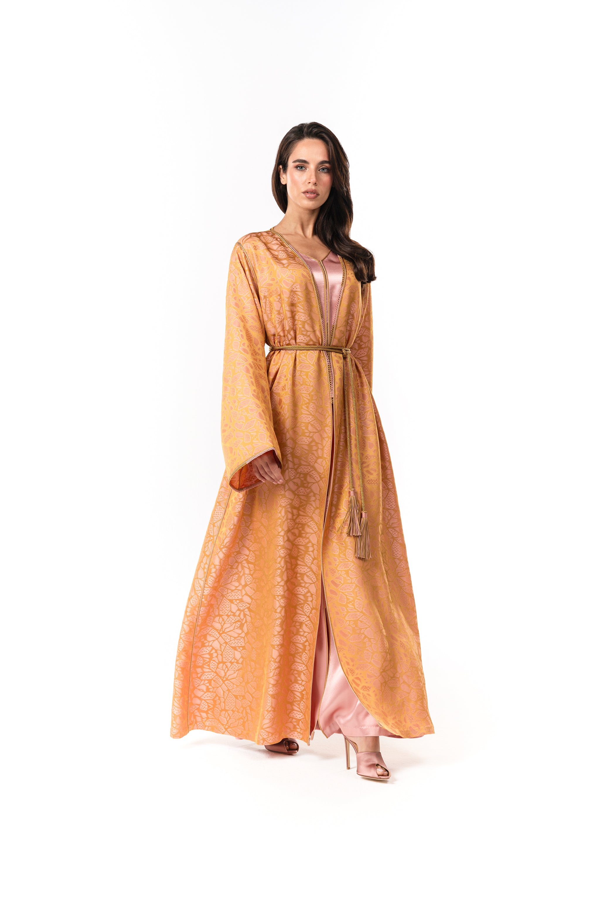 Golden Rose Jacquard Two-Piece Caftan with Satin Inner Dress