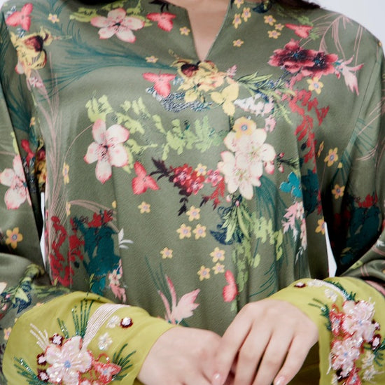 Olive Bloom Italian Viscose Satin Caftan with 3D Hand Embroidered Cuffs 