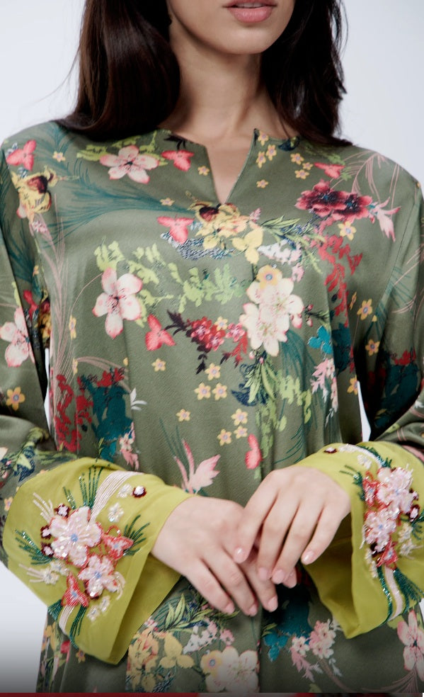 Olive Bloom Italian Viscose Satin Caftan with 3D Hand Embroidered Cuffs 
