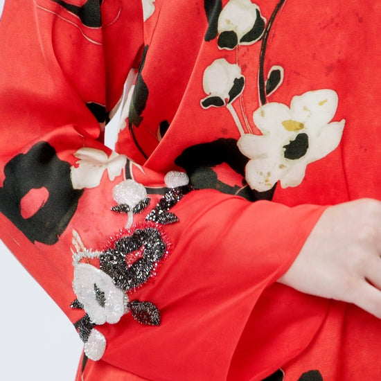 Rouge Jardin Italian Viscose Satin Caftan with 3D Floral Embroidery