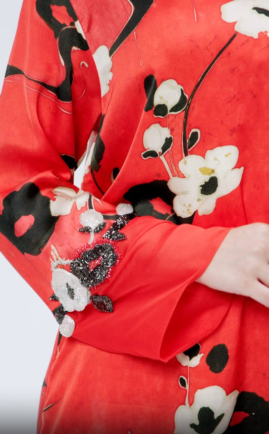 Rouge Jardin Italian Viscose Satin Caftan with 3D Floral Embroidery