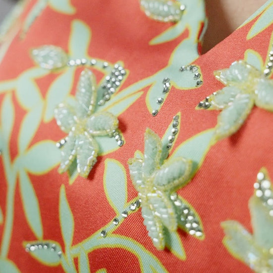 Red Garden Italian Satin Caftan with Hand-Beaded 3D Florals