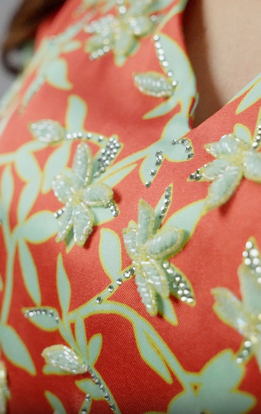 Red Garden Italian Satin Caftan with Hand-Beaded 3D Florals