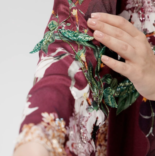 Raspberry Italian Viscose Satin Caftan with Hand-Beaded 3D Florals