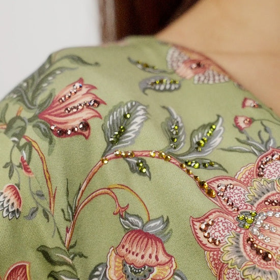 Moss Garden Italian Satin Caftan with Hand-Beaded Florals