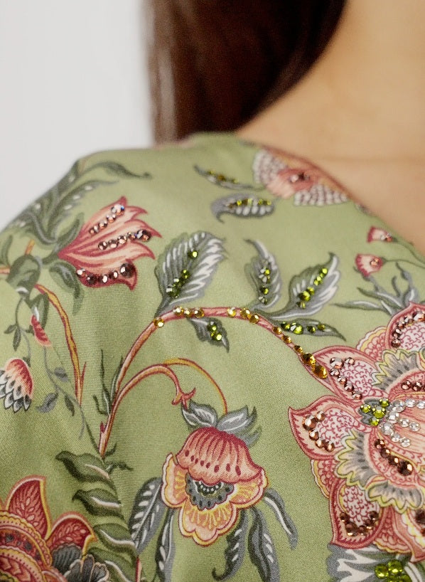 Moss Garden Italian Satin Caftan with Hand-Beaded Florals
