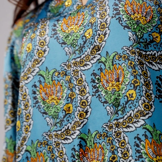 Turquoise Scallop Italian Viscose Satin Caftan