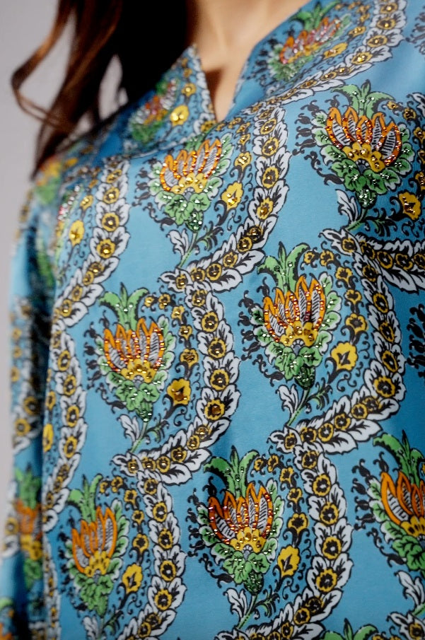 Turquoise Scallop Italian Viscose Satin Caftan