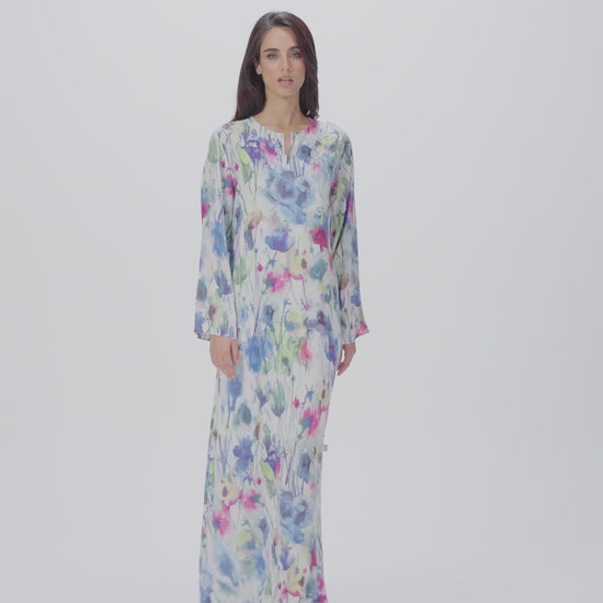 Watercolor Bloom Italian Satin Caftan with Hand Embellished Details