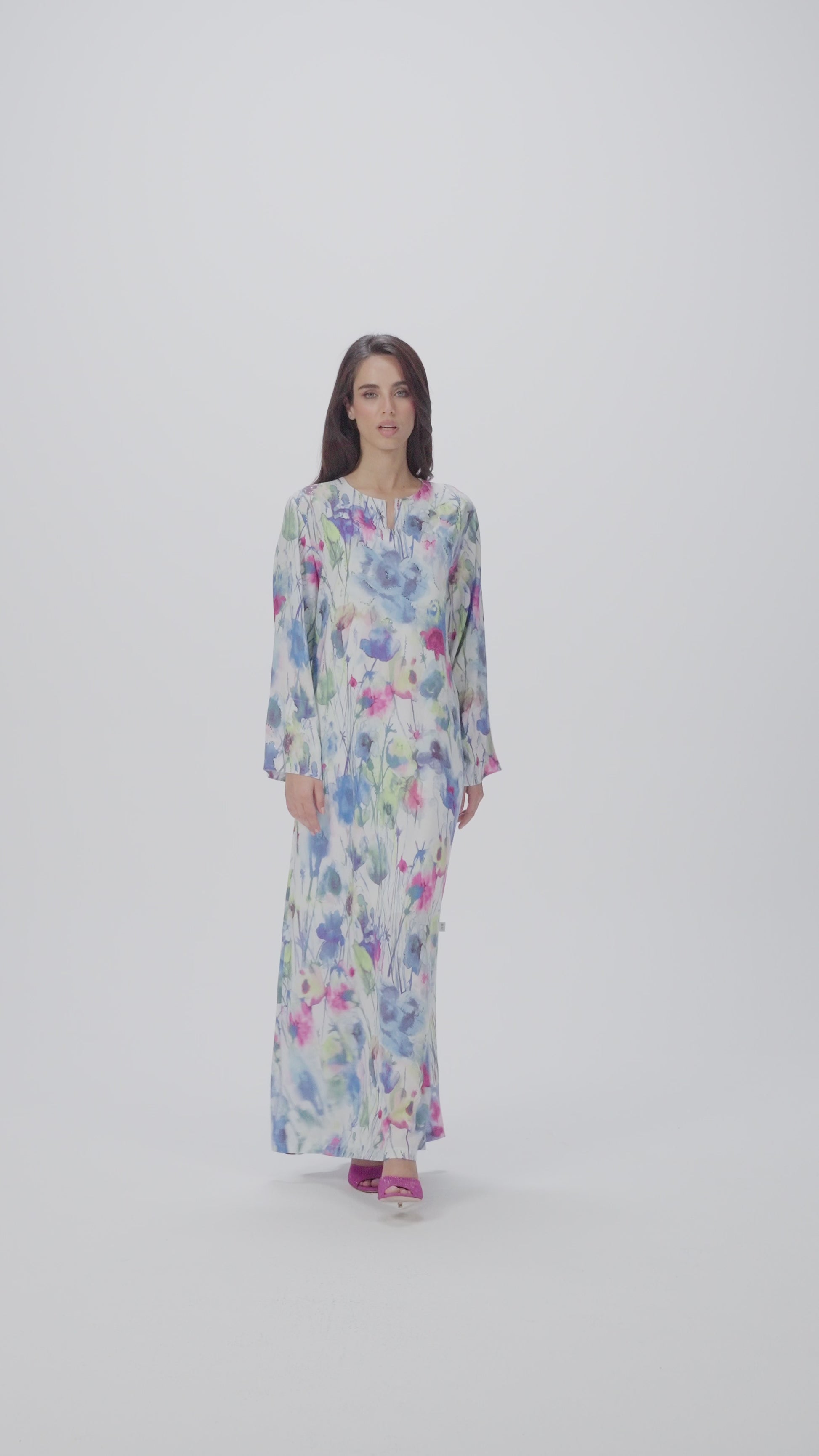 Watercolor Bloom Italian Satin Caftan with Hand Embellished Details