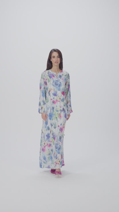 Watercolor Bloom Italian Satin Caftan with Hand Embellished Details